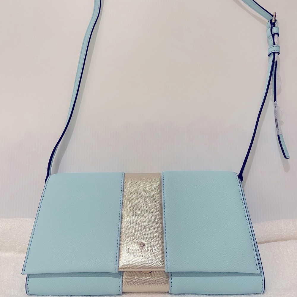 Kate spade removal blue/ gold metallic stripe cross body/clutch handbag.